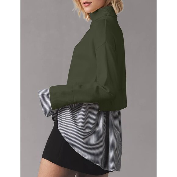 Women Slit Turtleneck Patchwork Sweater X-large Knit Casual Top - Picture 4 of 5